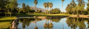 View of La Concha mountain over a lake in La Quinta Golf Course in Benahavis, Spain. frontline golf courses and golf lifestyle. Los Flamingos vs La Quinta