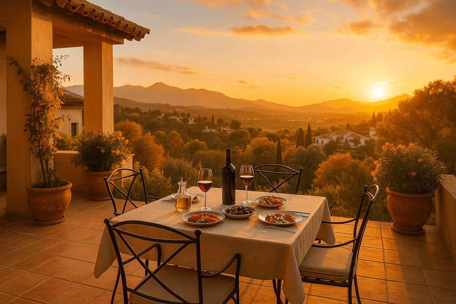 Autumn in Benahavís with golden hillside light and Mediterranean outdoor living