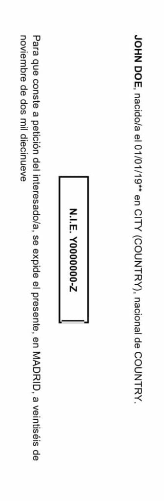NIE Number An NIE number as on the certificate