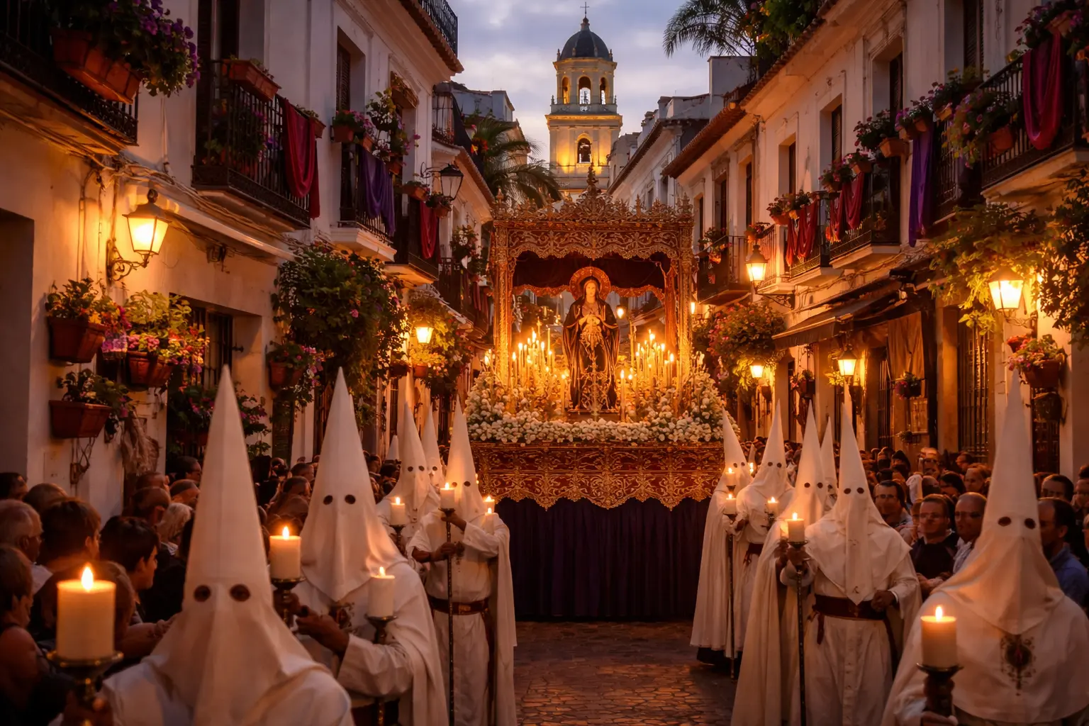 Semana Santa procession moving through Marbella old town during Easter week. Easter Costa del Sol 2026